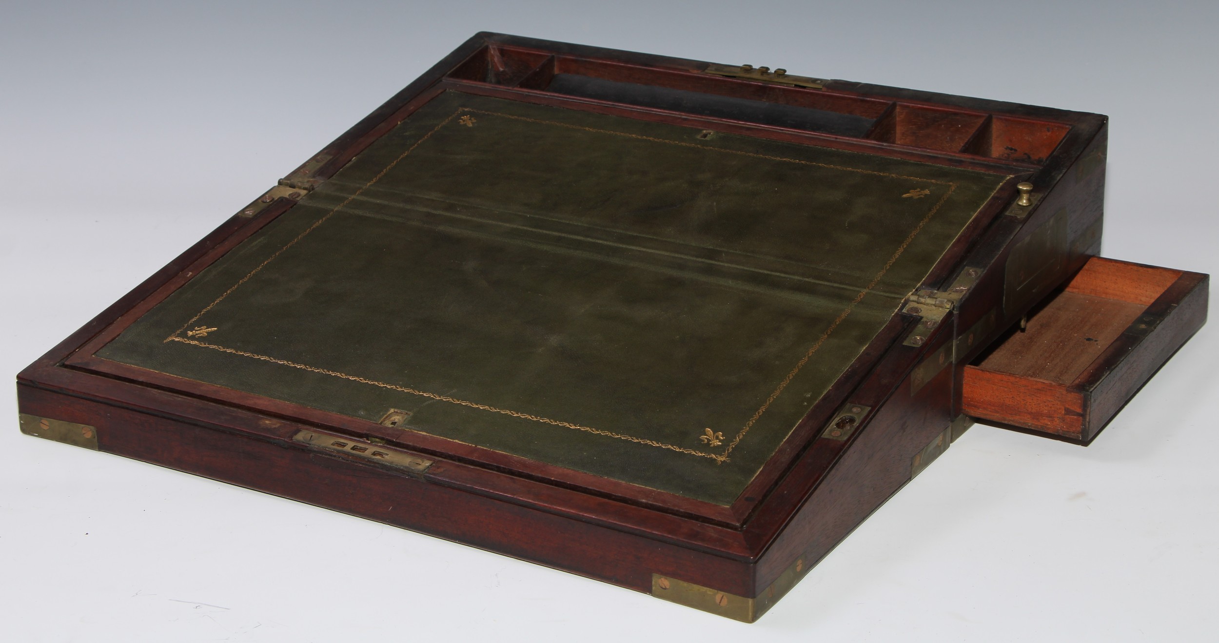 A George III brass mounted mahogany rectangular writing box, hinged cover enclosing a fitted - Image 2 of 3