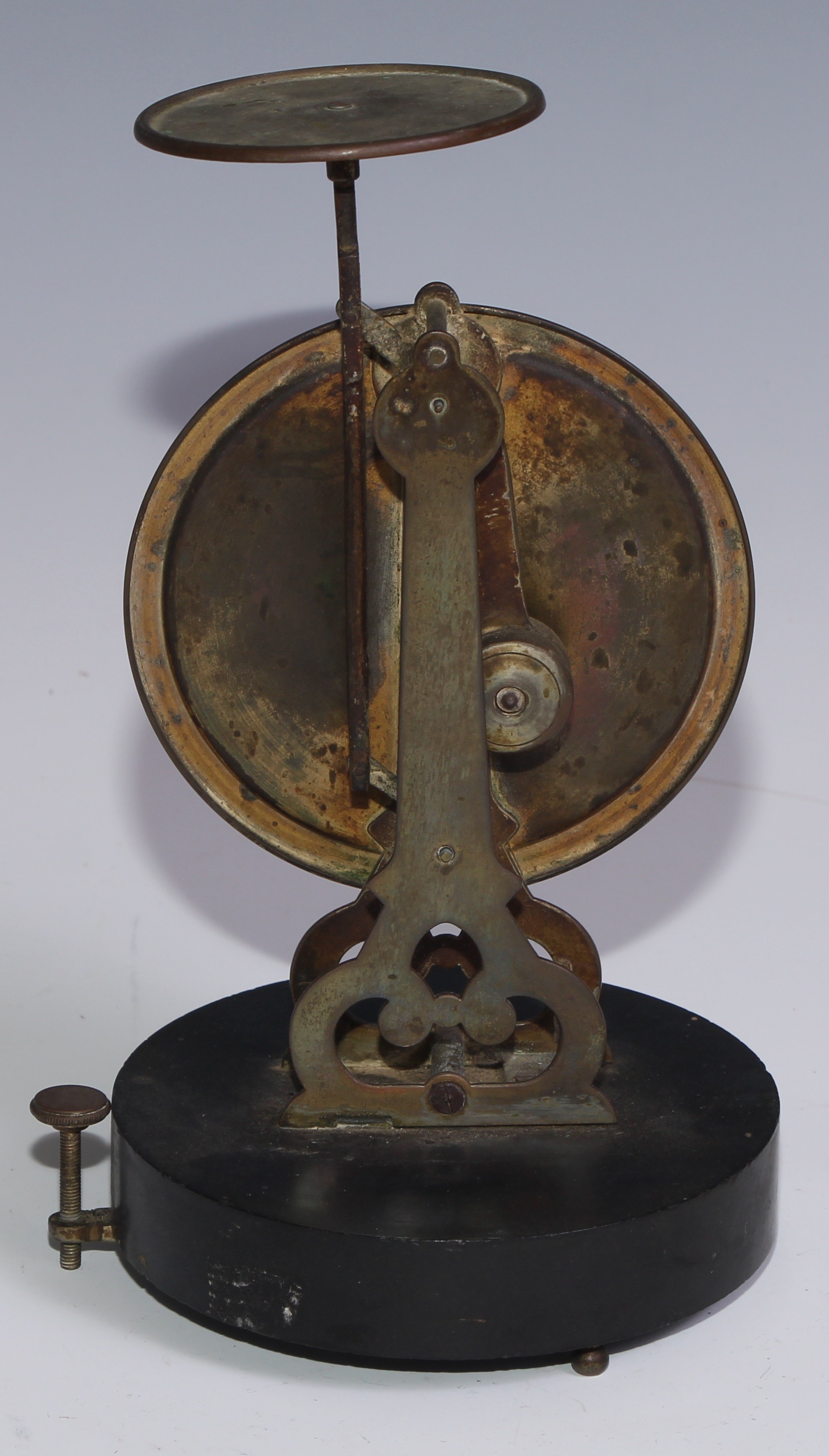 A set of unusual 19th century brass pedestal letter scales, 10cm circular register, circular base, - Image 3 of 3