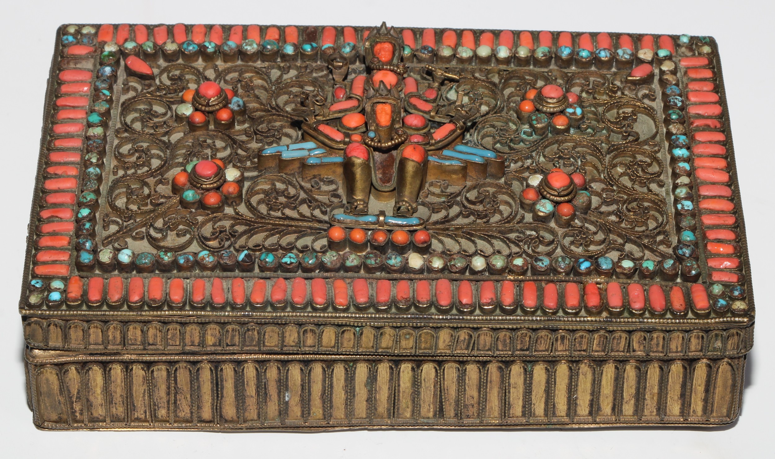 A Tibetan coral and turquoise mounted gilt brass rectangular box, hinged cover, hinged cover applied - Image 2 of 4