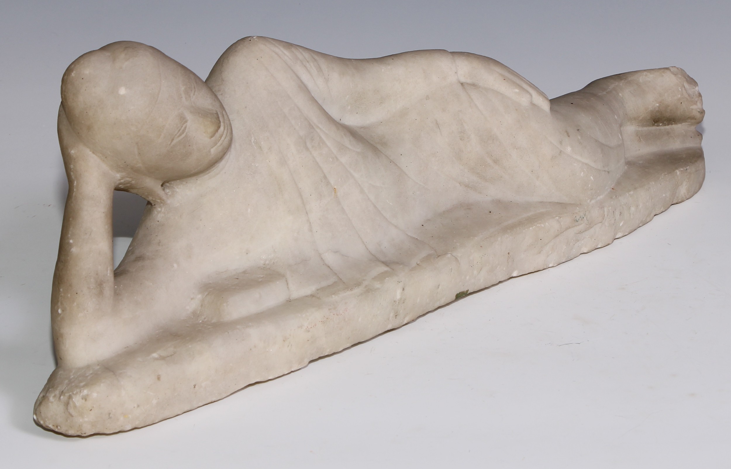 Asian School (19th century), a white marble, Reclining Buddha, 50cm wide - Image 2 of 4