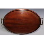 A Sheraton Revival mahogany oval gallery tray, inlaid with a band of chequered stringing, brass