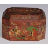 A Qajar lacquer canted rectangular box and cover, decorated in the Persian Islamic taste with