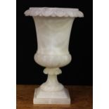 A Neo-Classical design alabaster half-fluted campana urn, egg-and-dart rim, stepped square base,