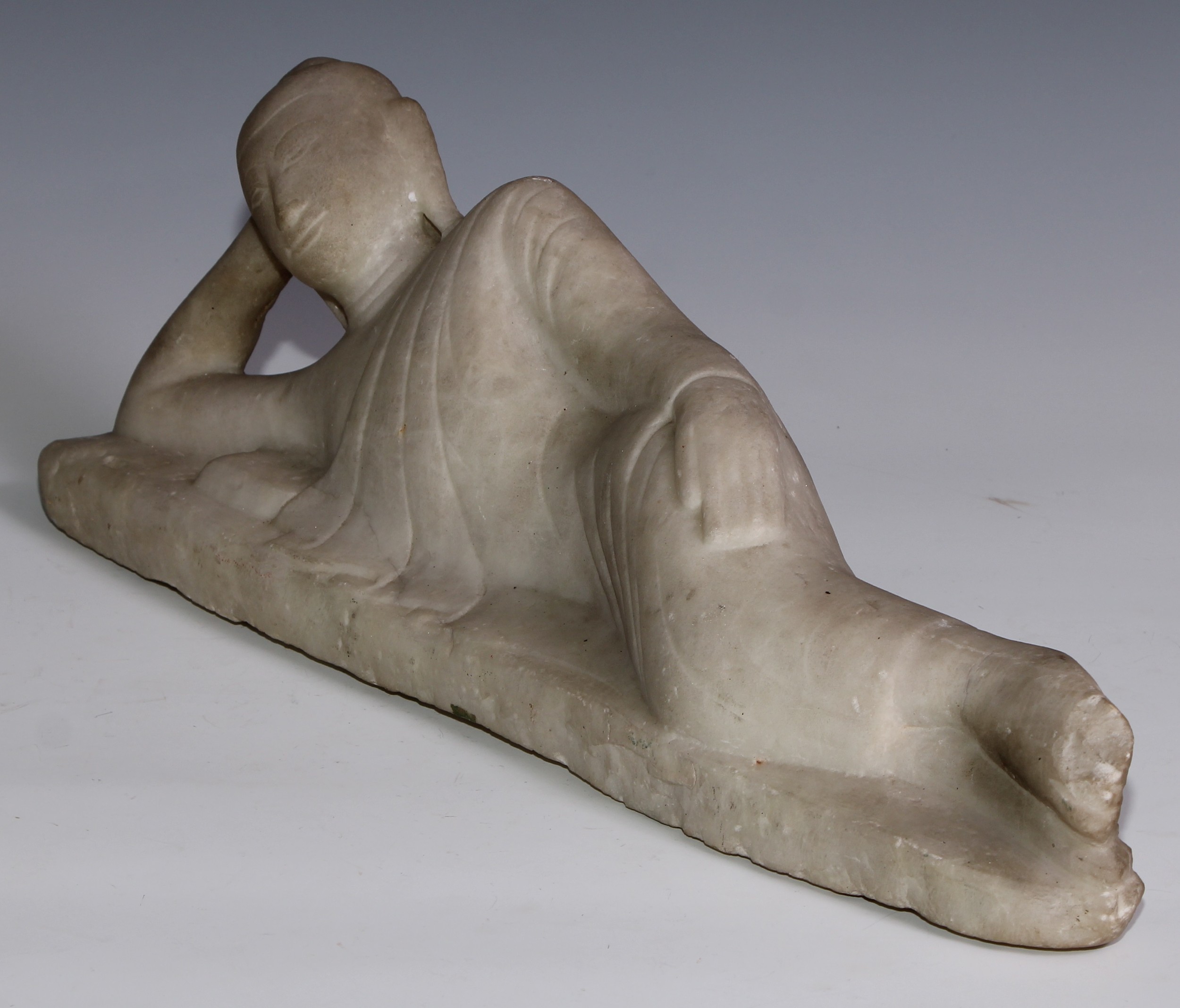 Asian School (19th century), a white marble, Reclining Buddha, 50cm wide - Image 3 of 4