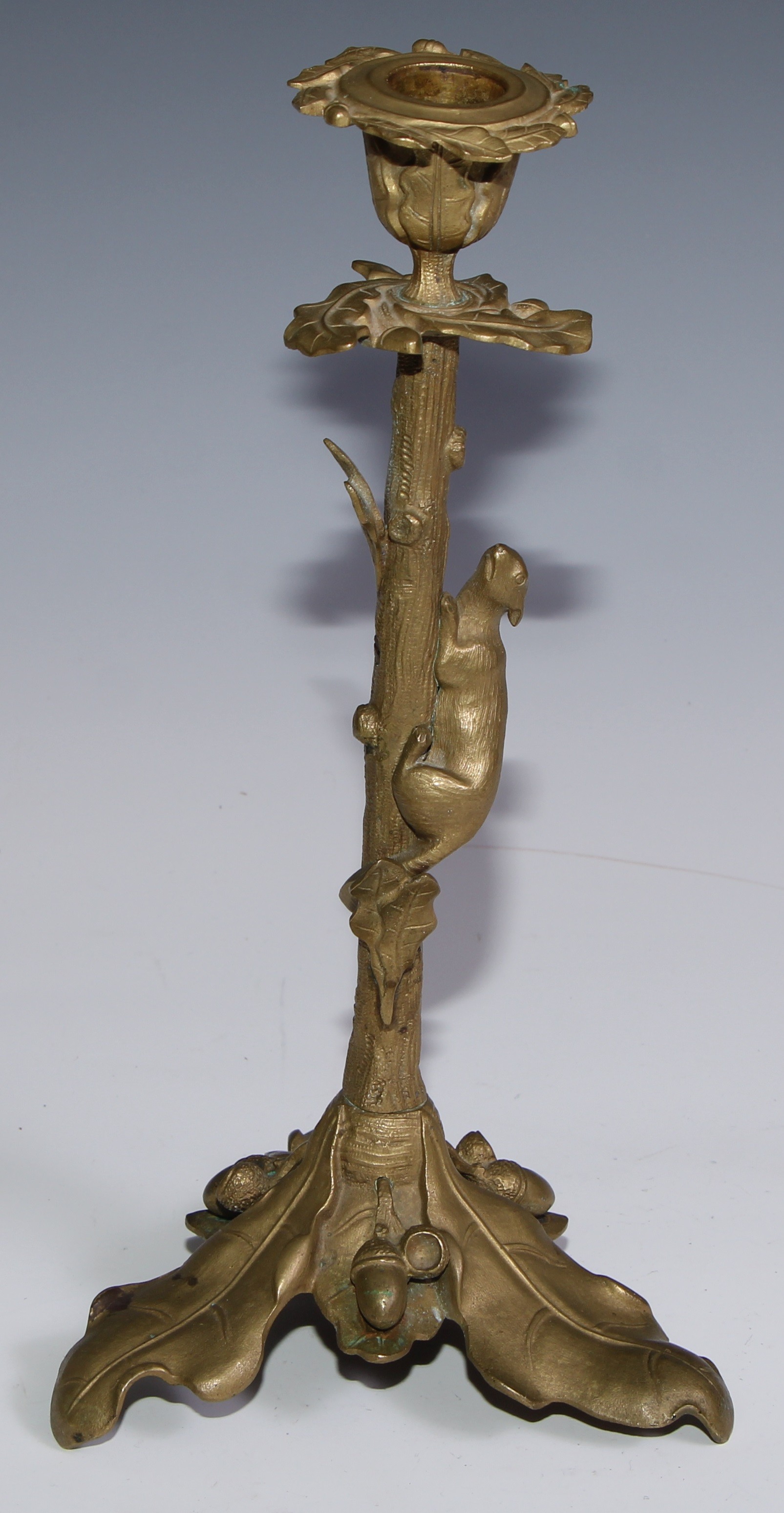 A pair of French gilt bronze candlesticks, cast with fruiting oak, each with a squirrel scaling - Image 2 of 5