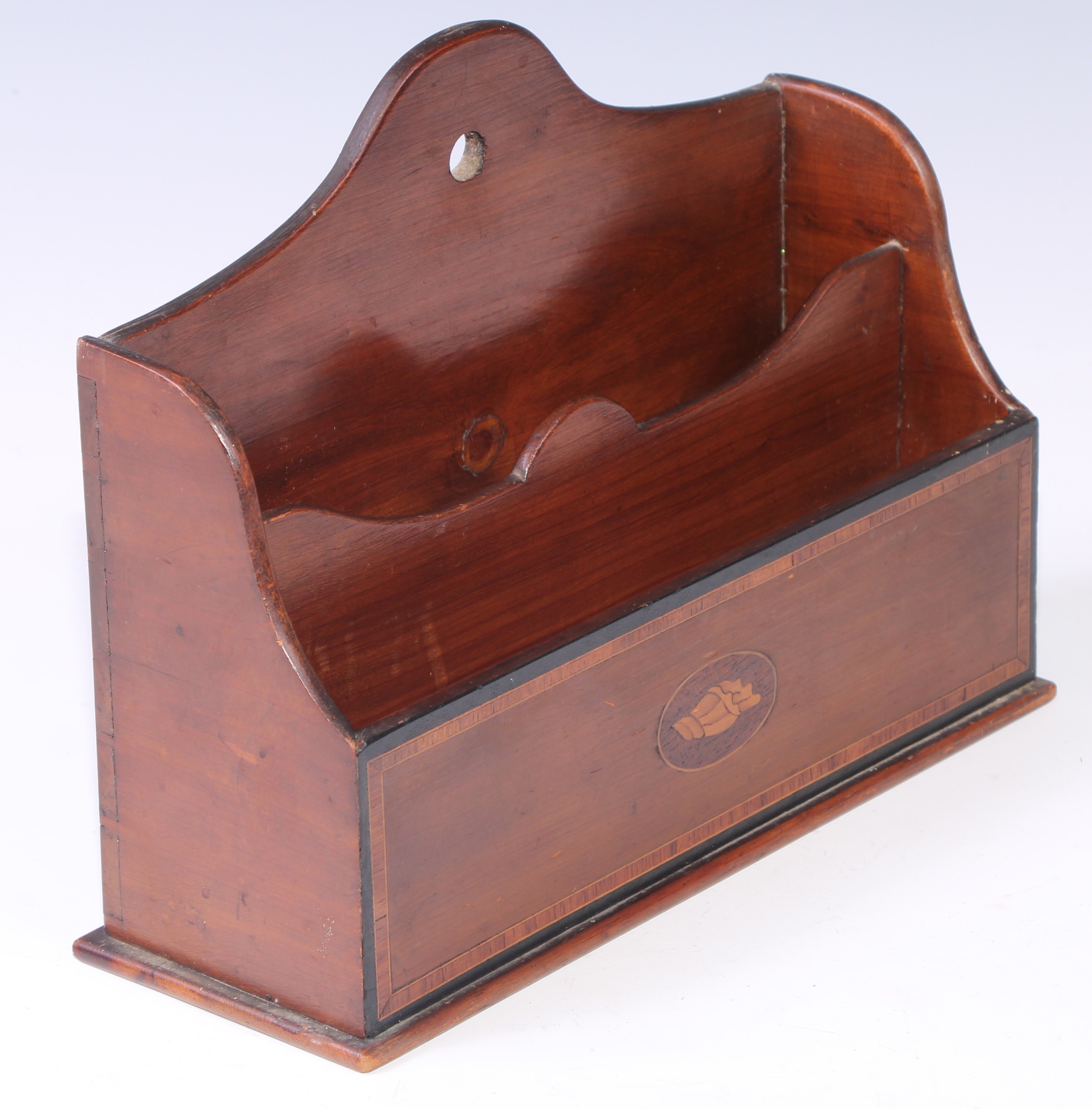 A Sheraton Revival tulipwood crossbanded mahogany letter rack, inlaid with an oval shell patera, - Image 2 of 2