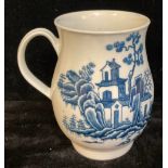 A large Worcester Plantation pattern bell shaped mug, printed in cobalt blue, 15cm high, c.1770