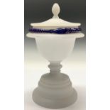 A 19th century frosted glass sweetmeat vase and cover, the rim trailed in blue and gilt with a