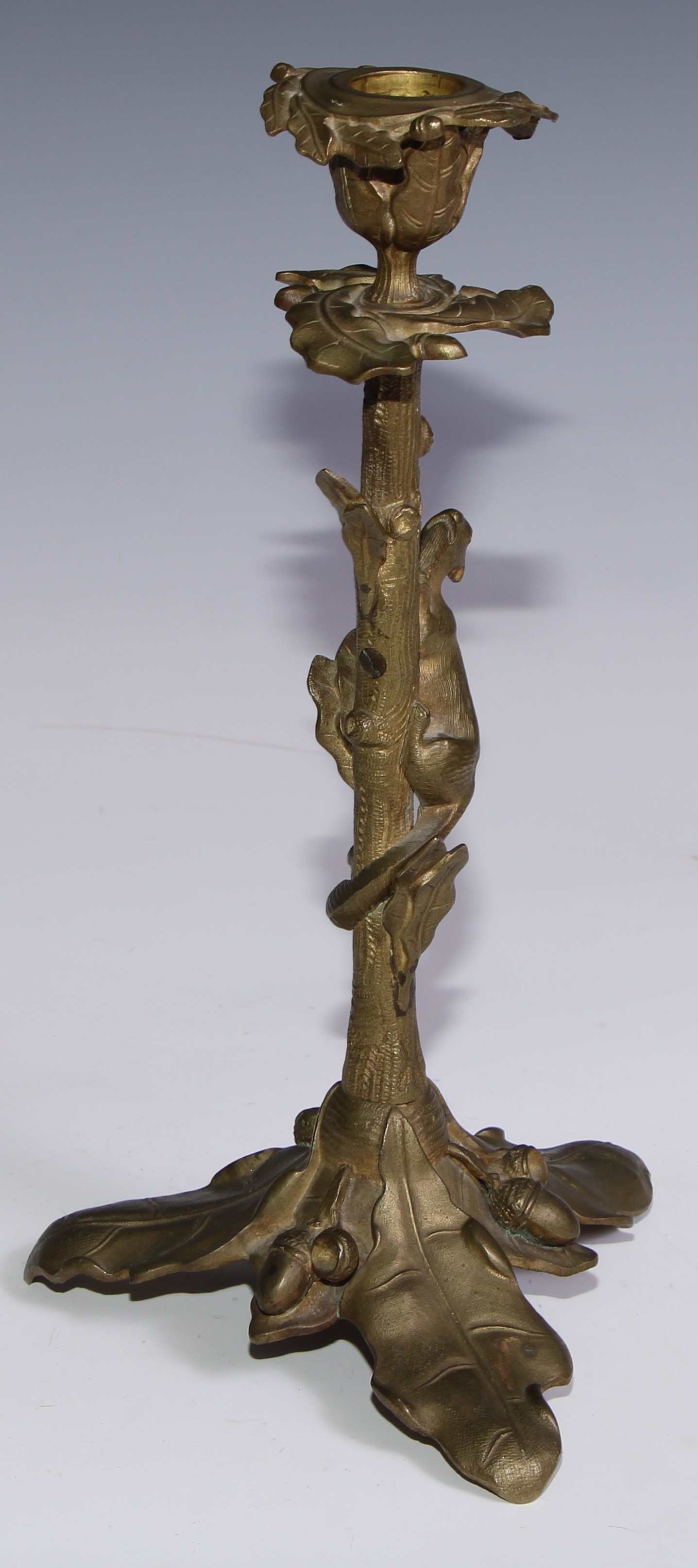 A pair of French gilt bronze candlesticks, cast with fruiting oak, each with a squirrel scaling - Image 5 of 5