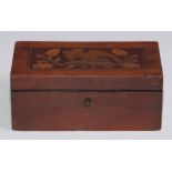 A 19th century Irish Killarney marquetry rectangular box, hinged cover inlaid with a bird of prey