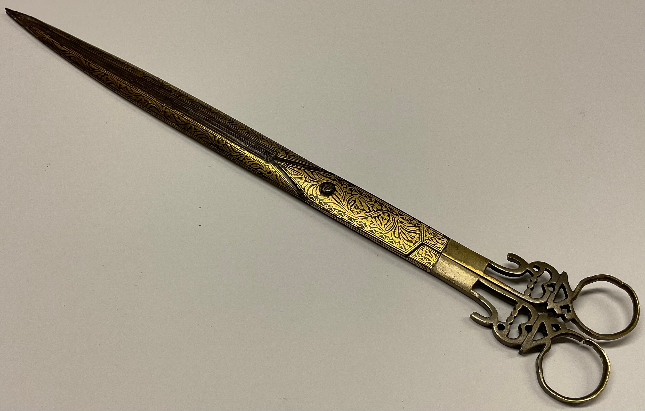 A pair of Middle Eastern Islamic calligraphy scissors, damascened in ...