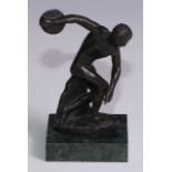 A Grand Tour dark patinated spelter library desk model, of Discobolus, after the antique, green