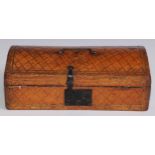 A French tooled leather table box, hinged domed cover with angular swan neck handle, iron hasp and