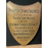 Engineering and Industrial History - an early 20th century brass shield shaped plaque, Quarter Crank