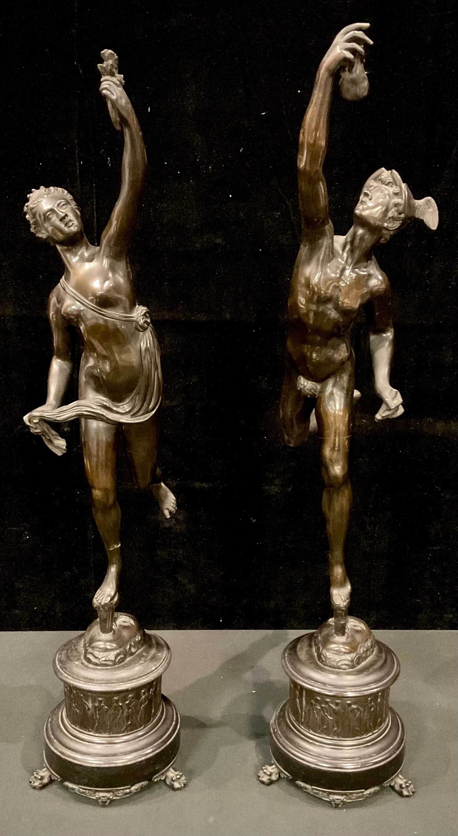 Giambologna (Italian, 1529-1608), after, a pair of dark patinated bronze sculptures, Mercury and