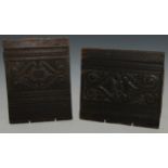 A near pair of 17th/early 18th century oak panel fragments, each carved with a lozenge of