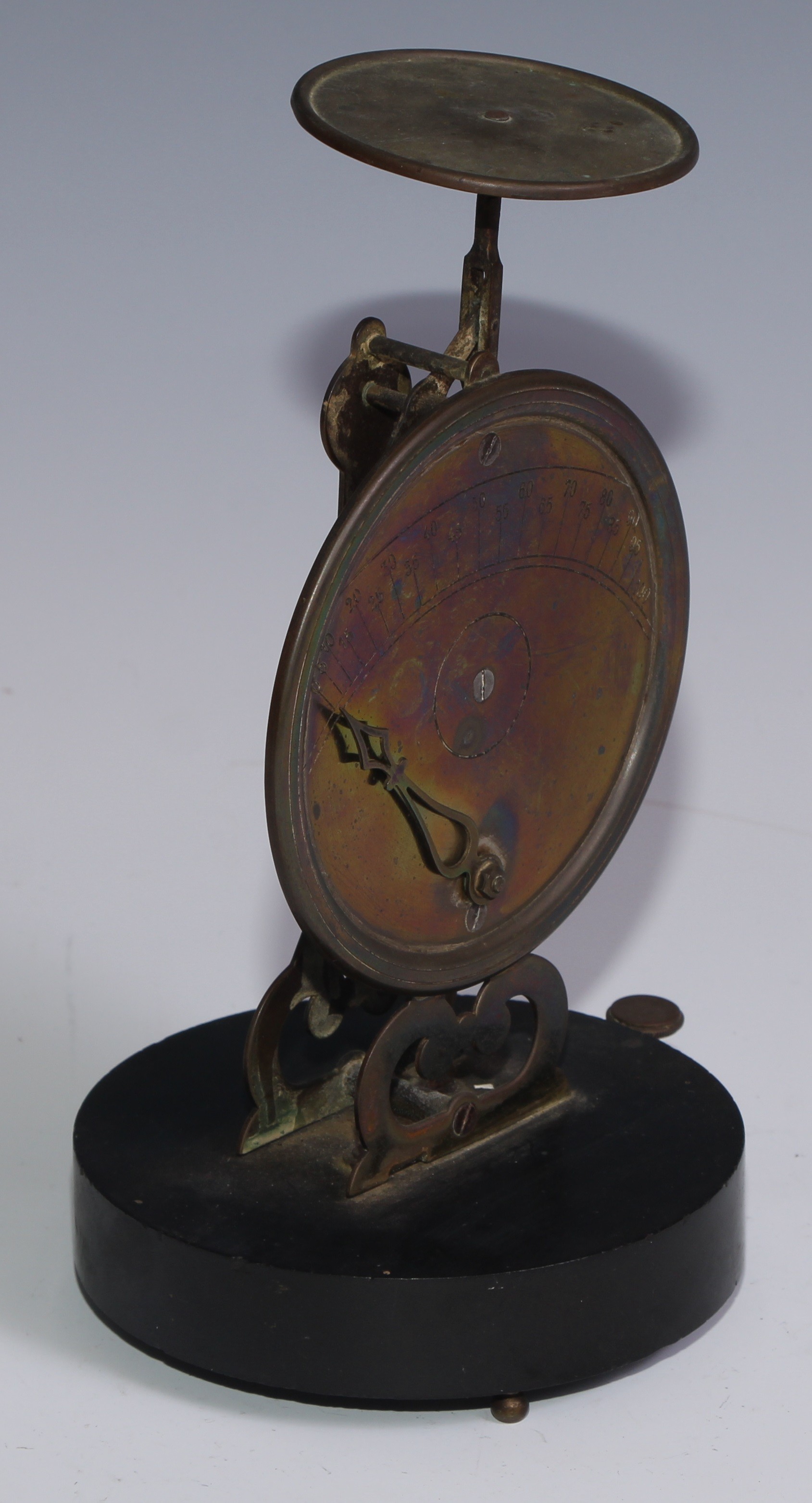 A set of unusual 19th century brass pedestal letter scales, 10cm circular register, circular base, - Image 2 of 3