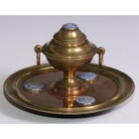 A 19th century jasperware mounted brass urnular inkwell, hinged cover, ring handles, dished base,