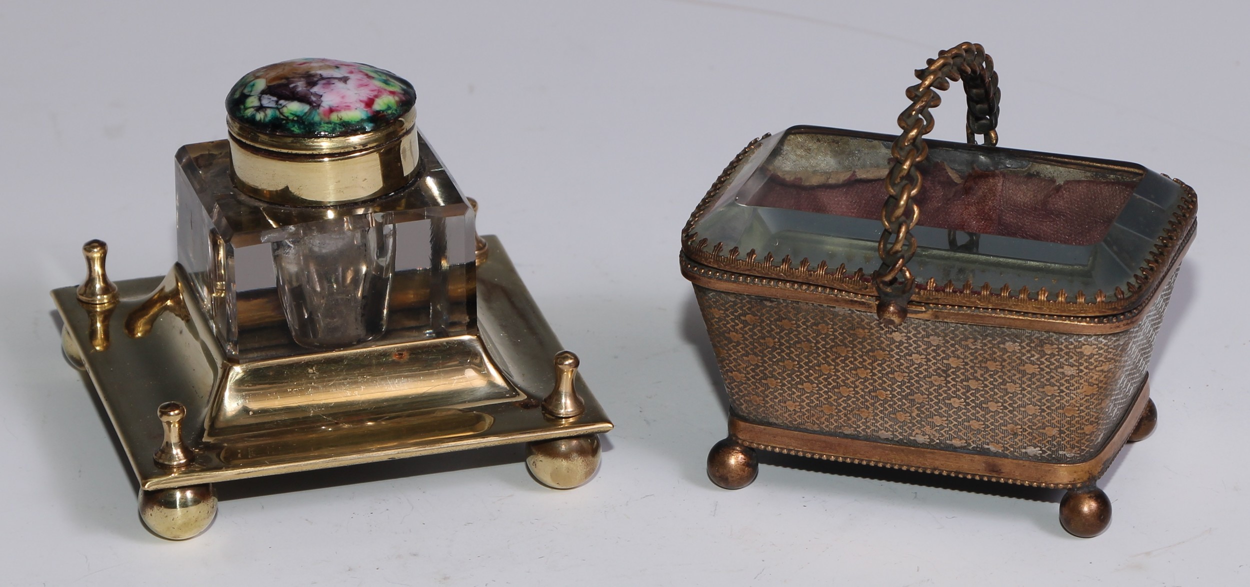 A late 19th century gilt metal basket-form bijouterie casket, ball feet, 8.5cm wide, c.1900; and