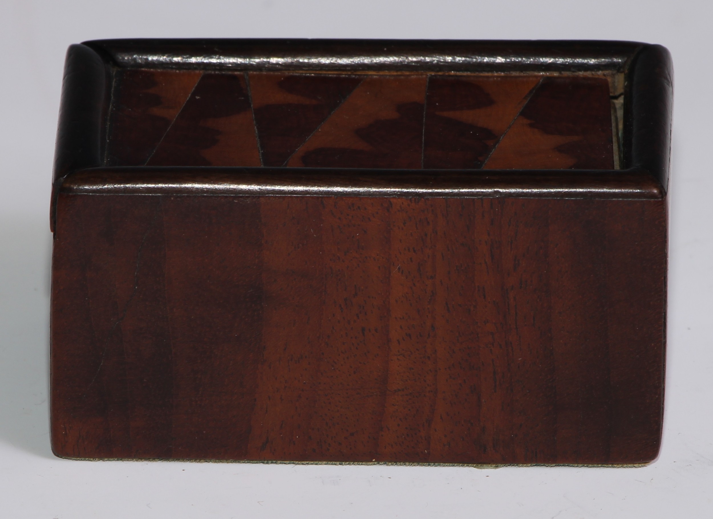 Treen - a George III mahogany, walnut and yew cotton box, sliding cover, 9cm wide, c.1790