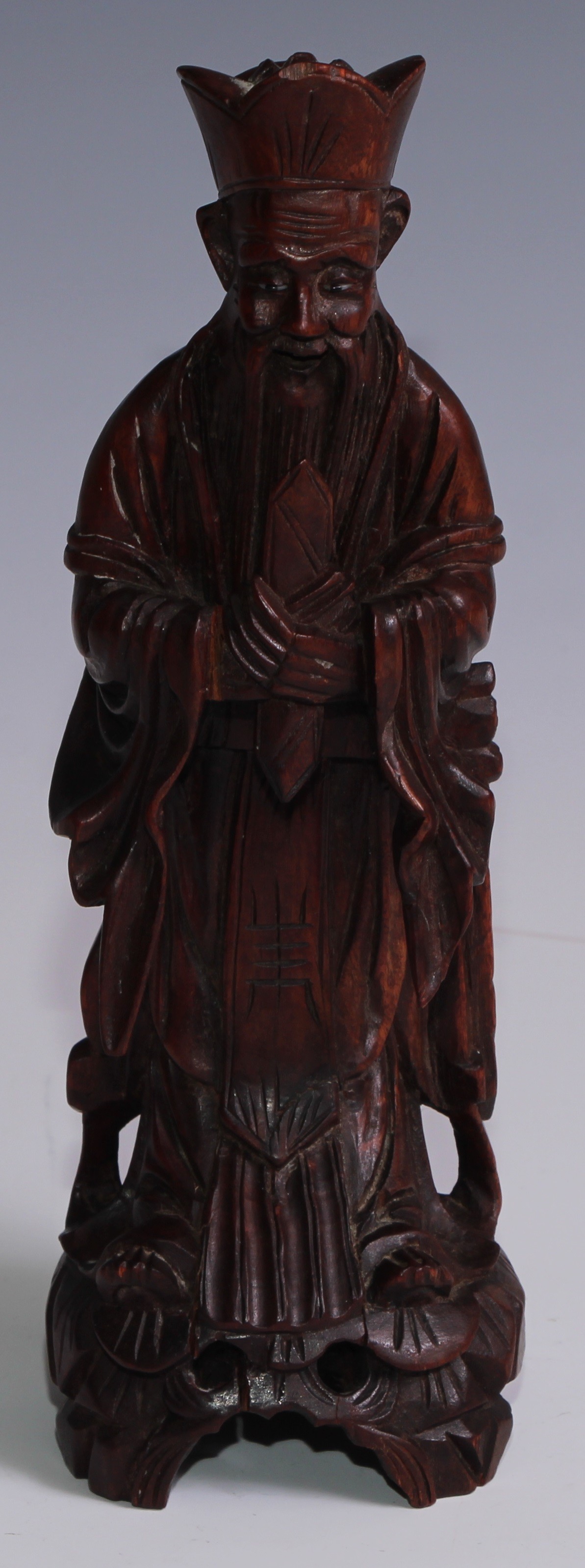 A Chinese soapstone seal, 9.5cm high; a Chinese carved hardwood figure, of an immortal, 23.5cm high; - Image 2 of 9