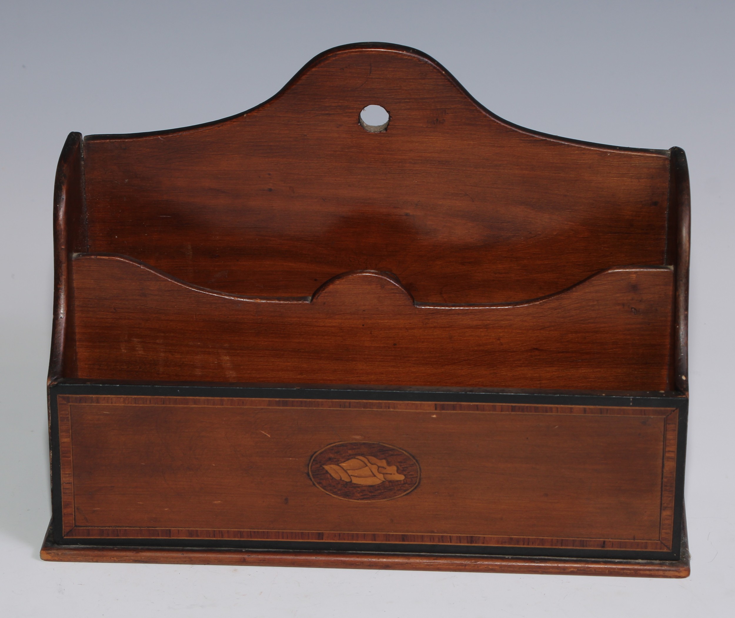 A Sheraton Revival tulipwood crossbanded mahogany letter rack, inlaid with an oval shell patera,