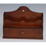 A Sheraton Revival tulipwood crossbanded mahogany letter rack, inlaid with an oval shell patera,