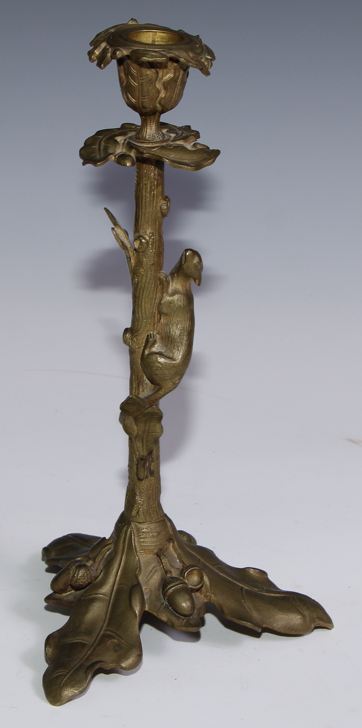 A pair of French gilt bronze candlesticks, cast with fruiting oak, each with a squirrel scaling - Image 4 of 5