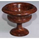 Treen - a turned burr walnut compressed campana table urn, 21cm diam