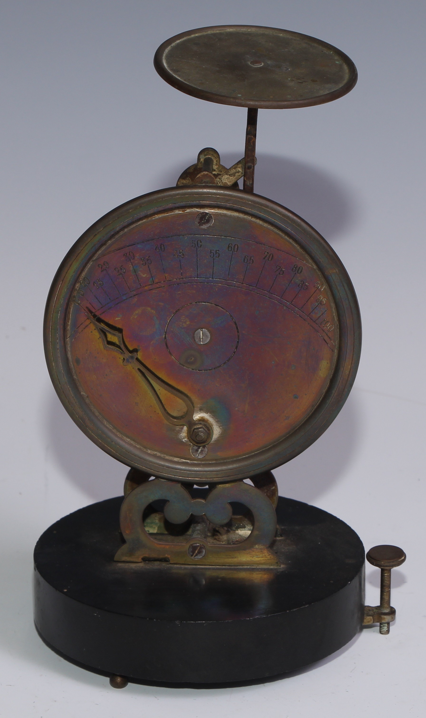 A set of unusual 19th century brass pedestal letter scales, 10cm circular register, circular base,