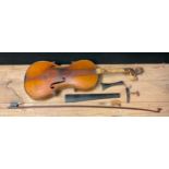 A violin, Stradivarius Fecit paper label, with bow, early 20th century copy (a/f)