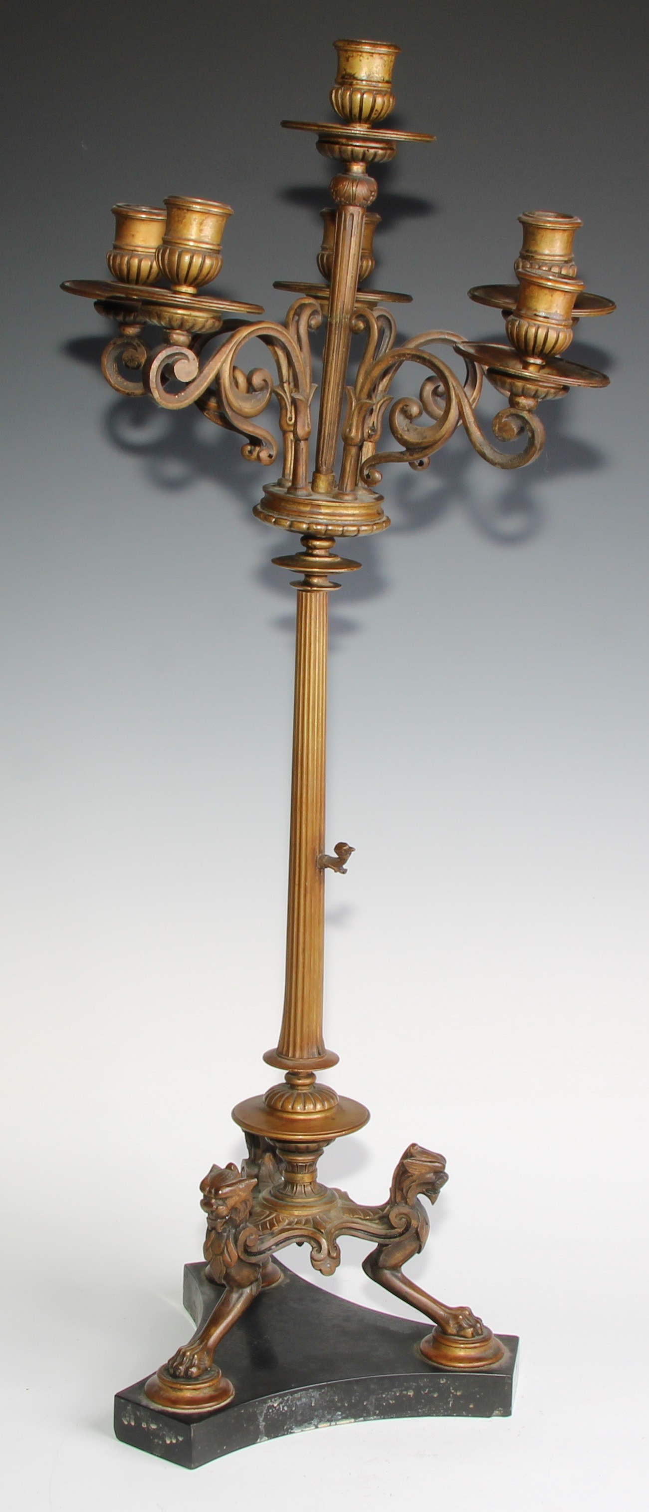 A pair of tall 19th century French bronze five-light candelabra, in the Grand Tour taste, half- - Image 5 of 6