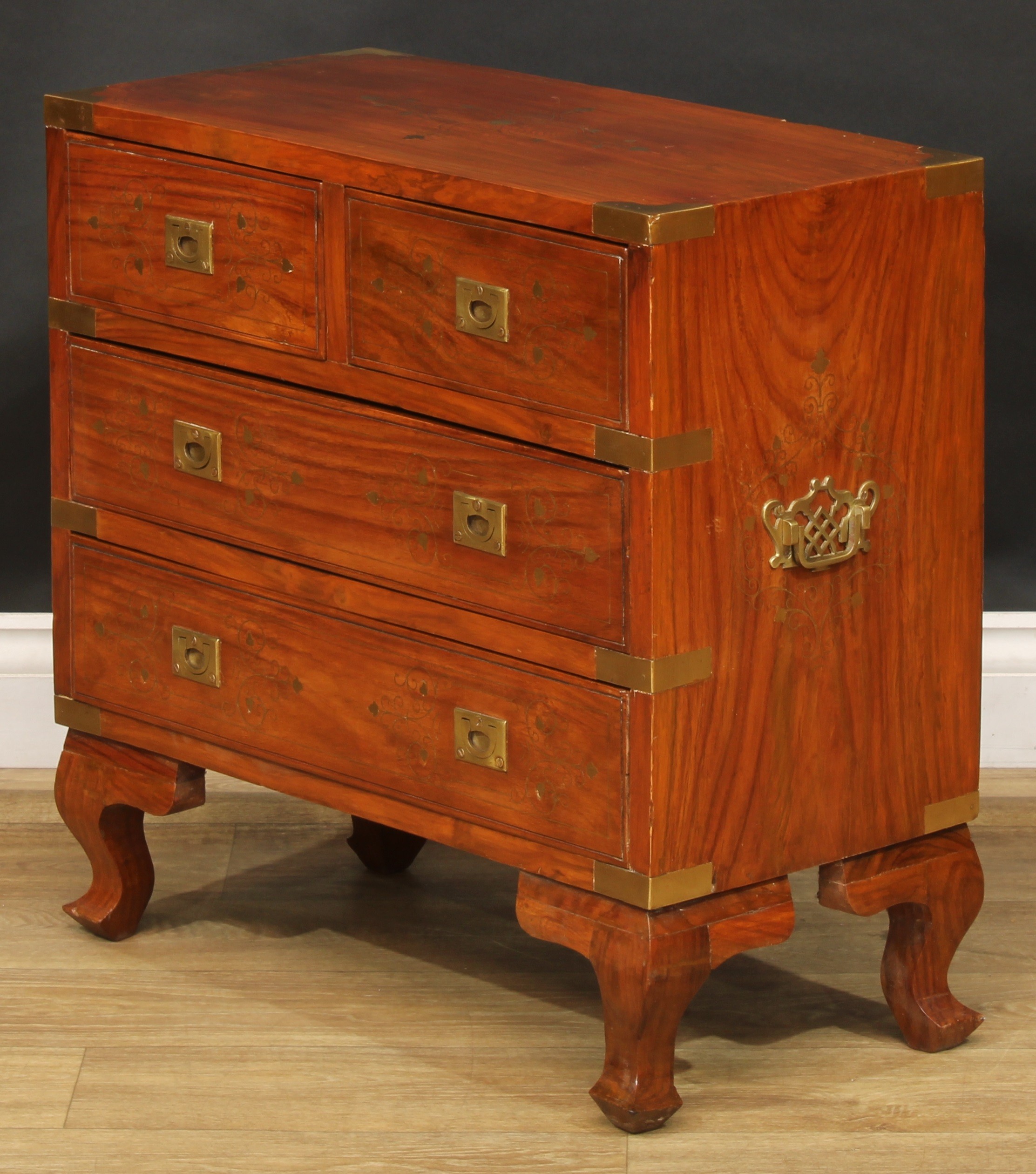 An Anglo-Indian design hardwood and brass marquetry chest, in the campaign manner and of small and - Image 4 of 5