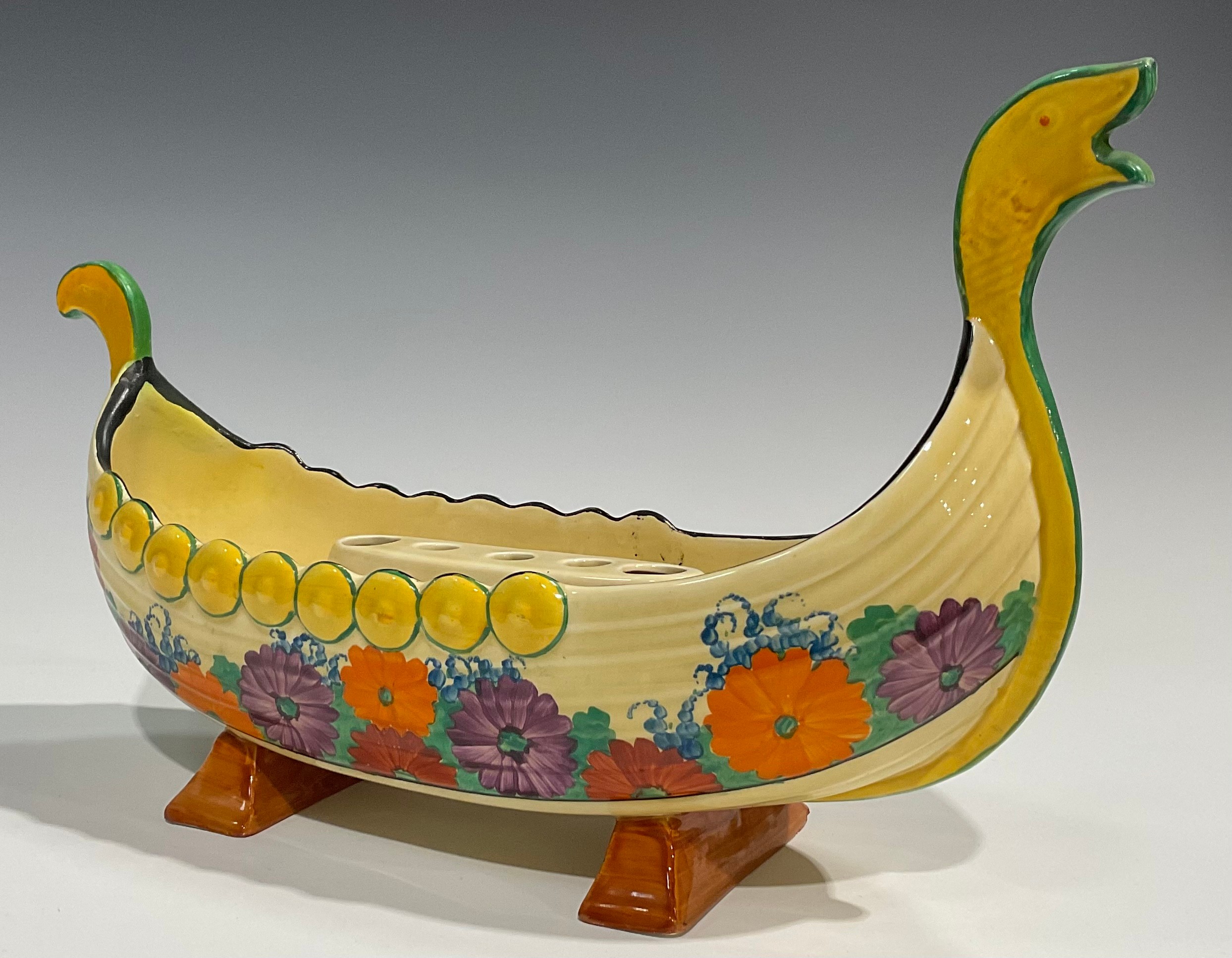 A Clarice Cliff Bizarre Gayday pattern table centre, modelled as a Viking long boat, with - Image 4 of 6