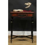 A 19th century brass mounted amboyna and ebonised table, shaped apron, turned and fluted supports,