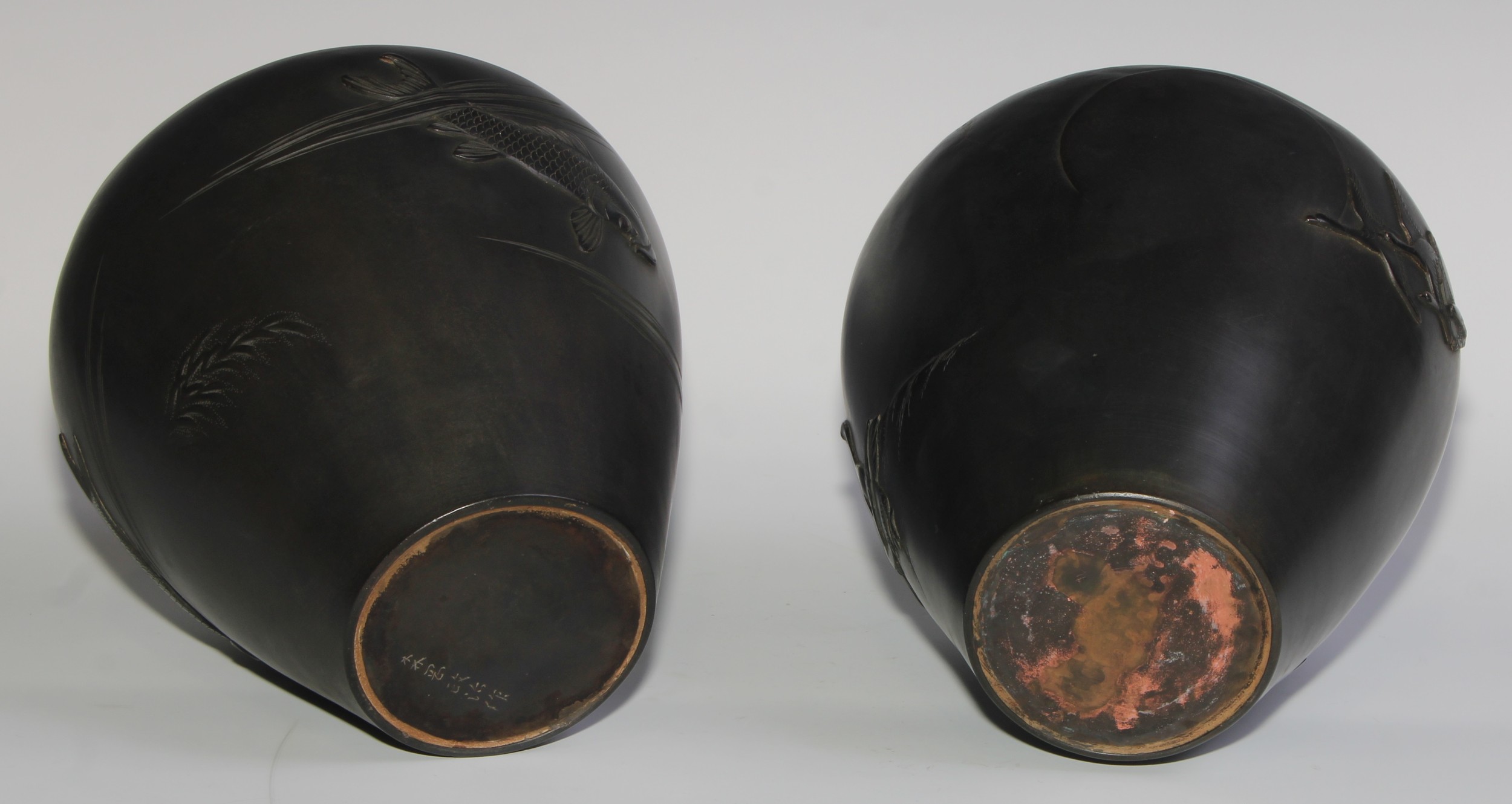 A pair of Japanese dark patinated bronze ovoid vases, cast with carp and geese, 21cm high, signed, - Image 9 of 10