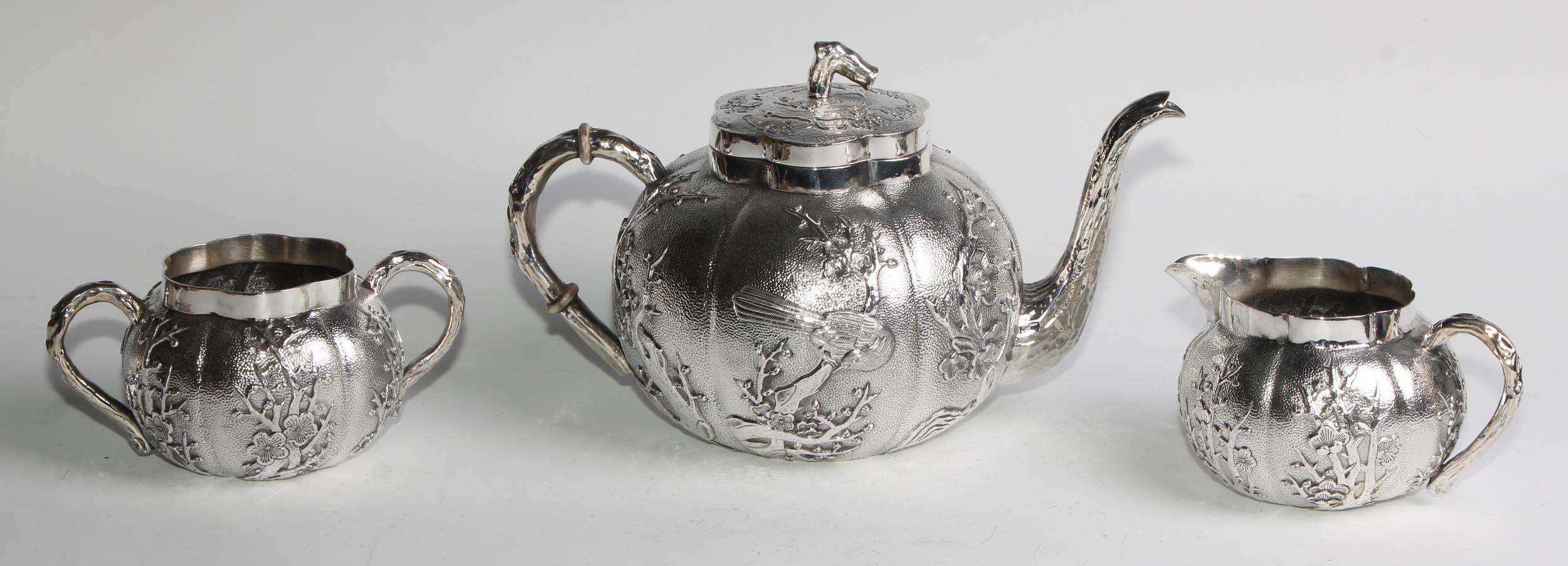 A Chinese silver three piece melon shaped tea service, comprising teapot, milk jug and sucrier, - Image 2 of 14