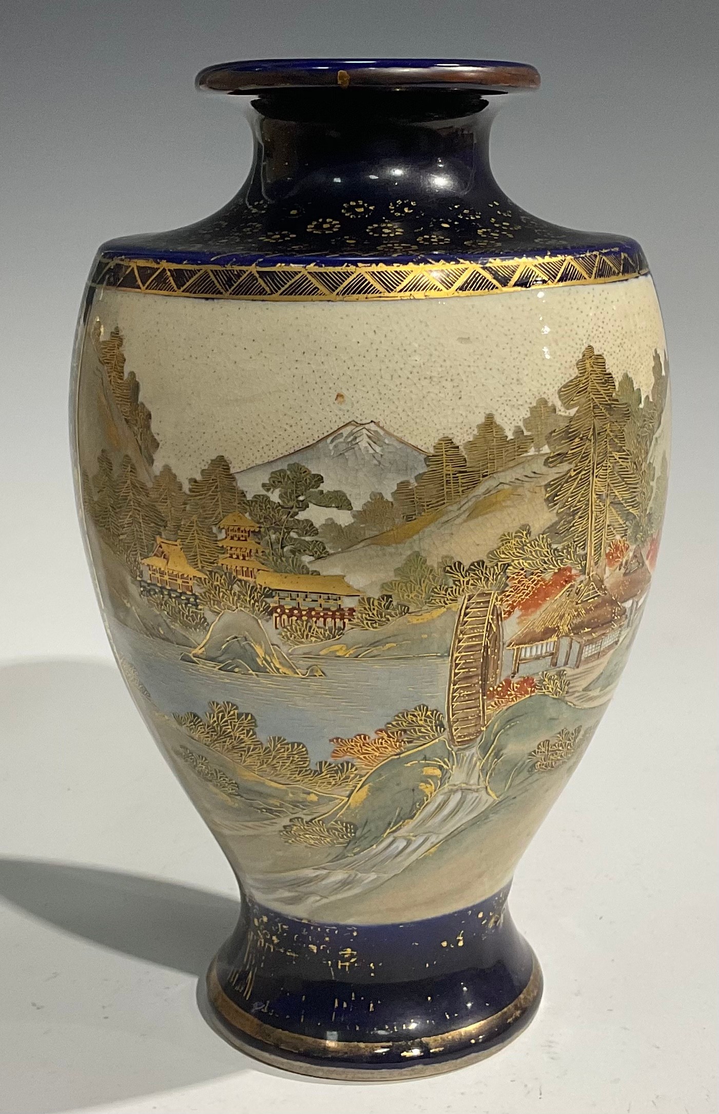 A pair of Japanese satsuma baluster vases, decorated with traditional landscape and bird panels, - Image 10 of 12