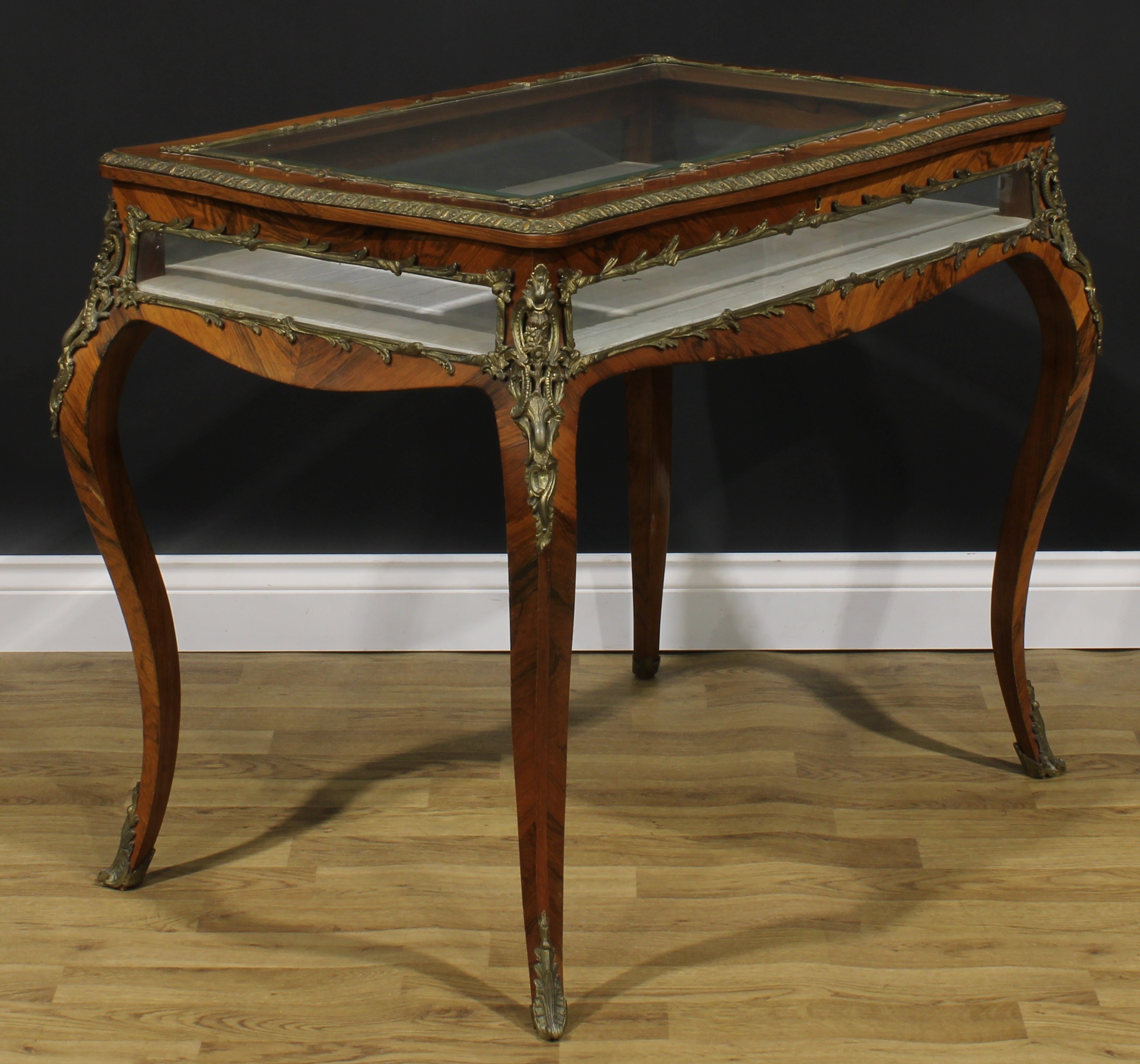 A Louis XV Revival gilt metal mounted rosewood bijouterie table, hinged top, French cabriole legs, - Image 2 of 4