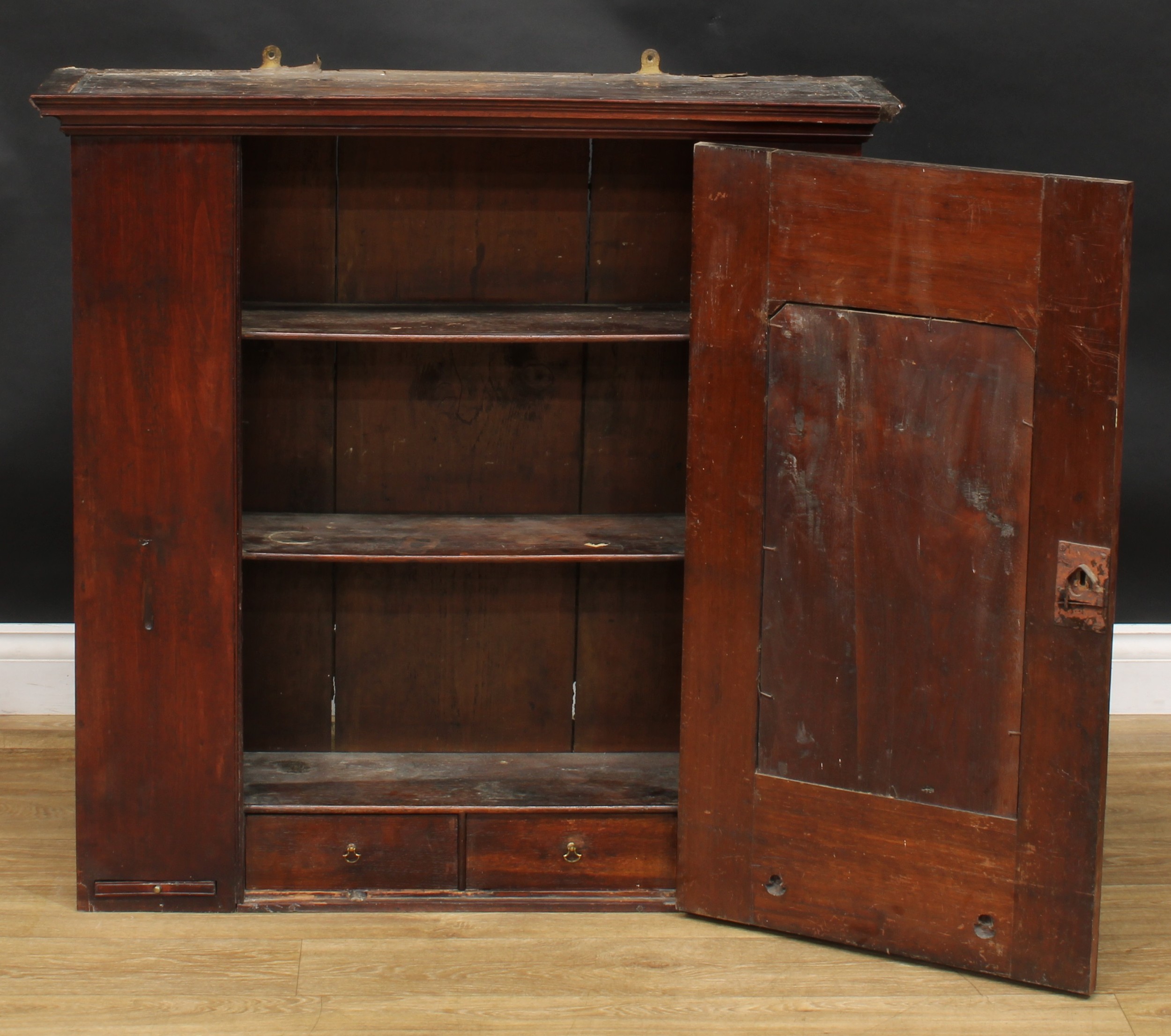 A George III mahogany wall-hanging provision cupboard, moulded cornice above a rectangular door with - Image 2 of 5