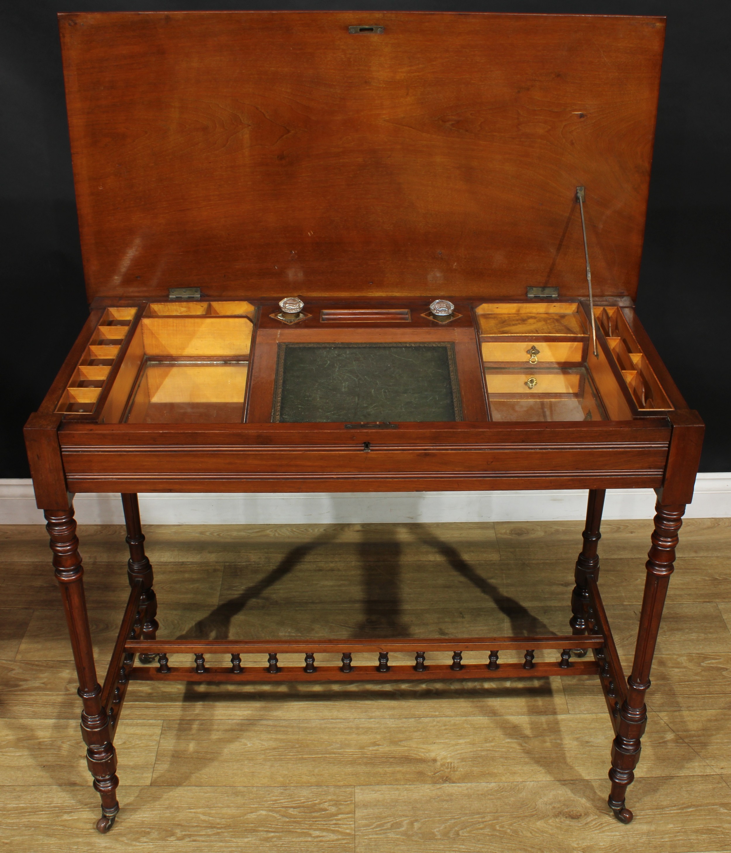 A late 19th century mahogany chamber writing table or desk, hinged rectangular top and fall front - Image 7 of 7
