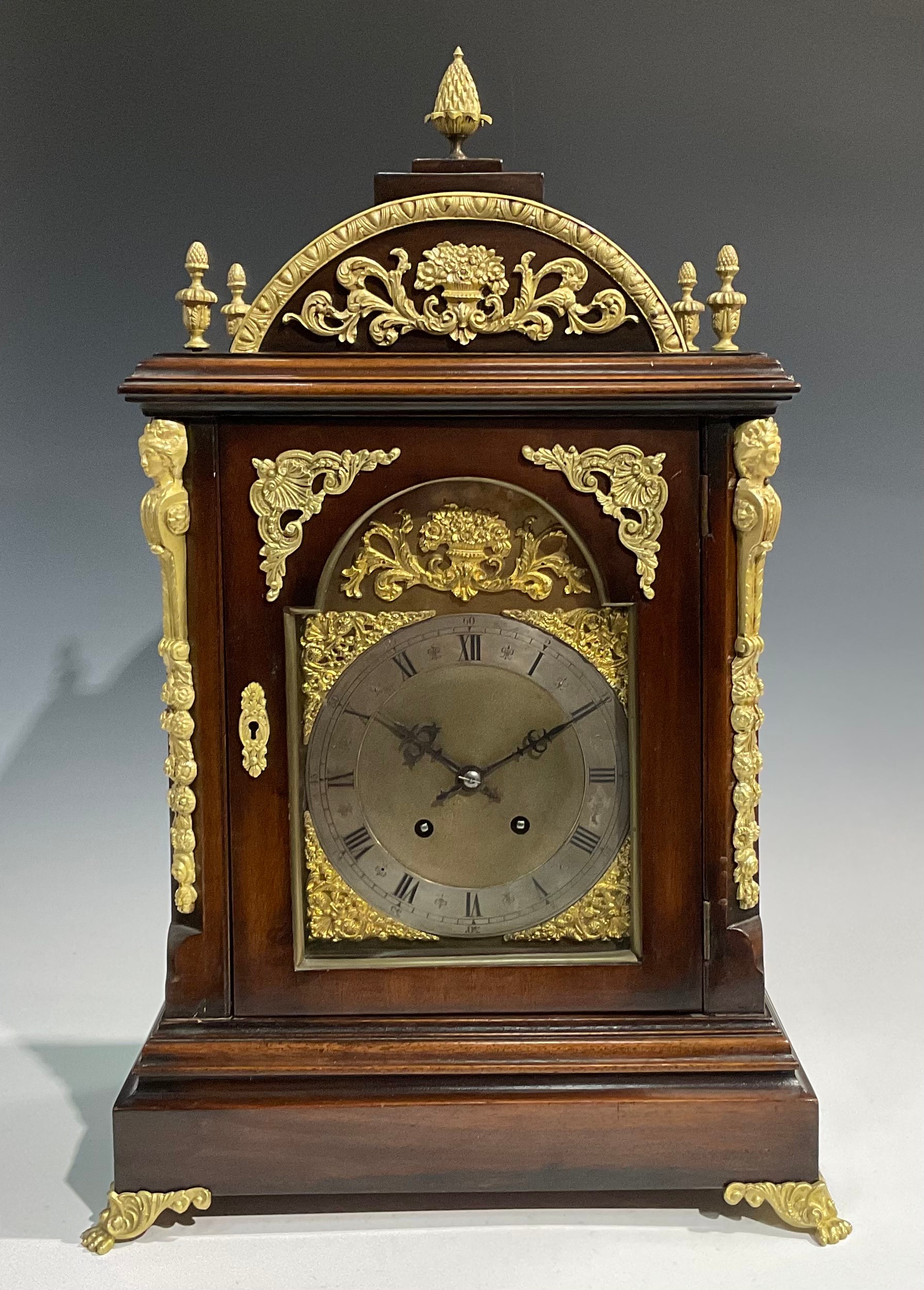 A George II style gilt metal mounted mahogany bracket clock, 18.5cm arched brass dial with - Image 2 of 7