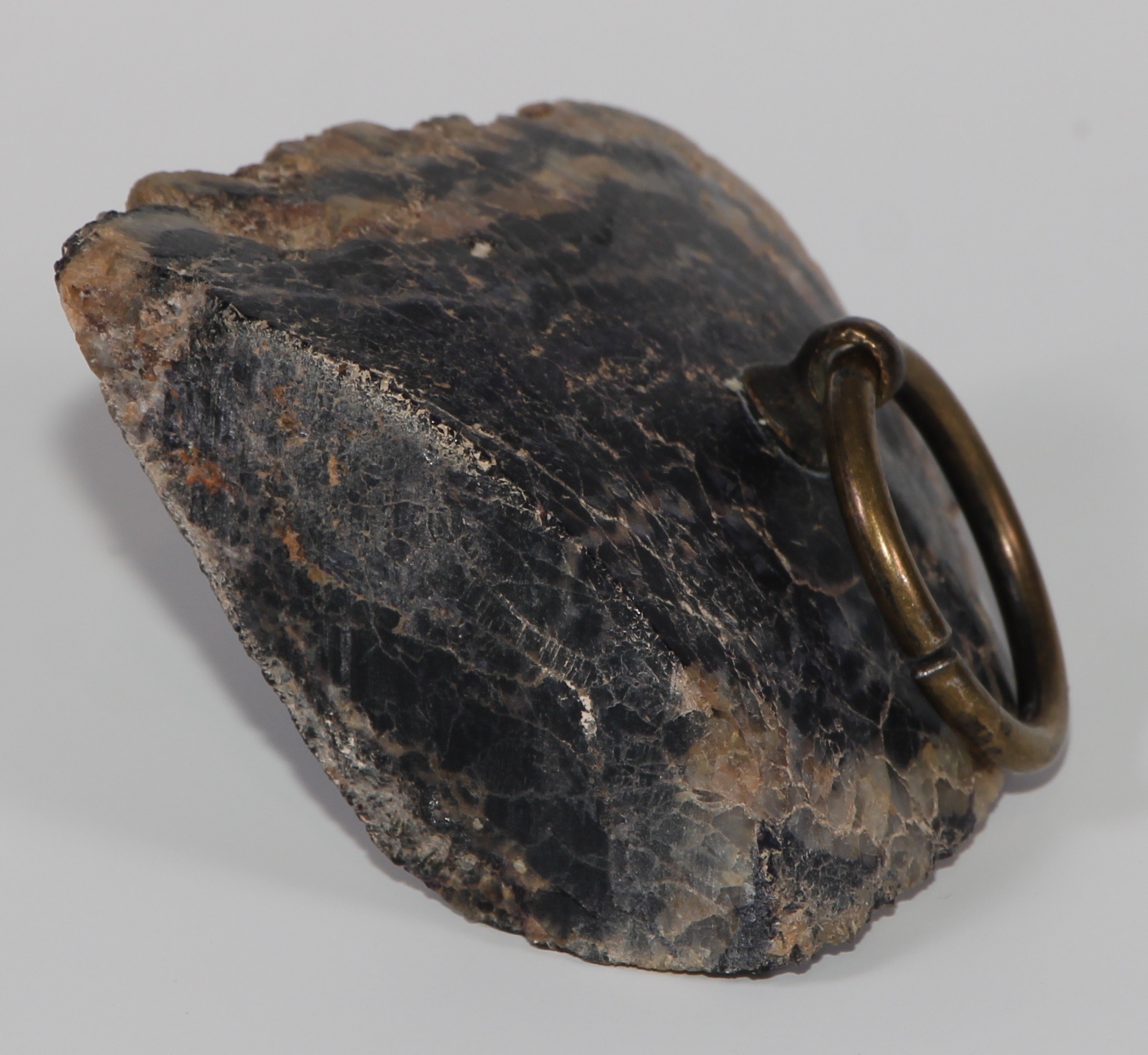 A 19th century Derbyshire Blue John desk weight, brass ring handle, 7cm wide; a specimen, mounted - Image 6 of 7