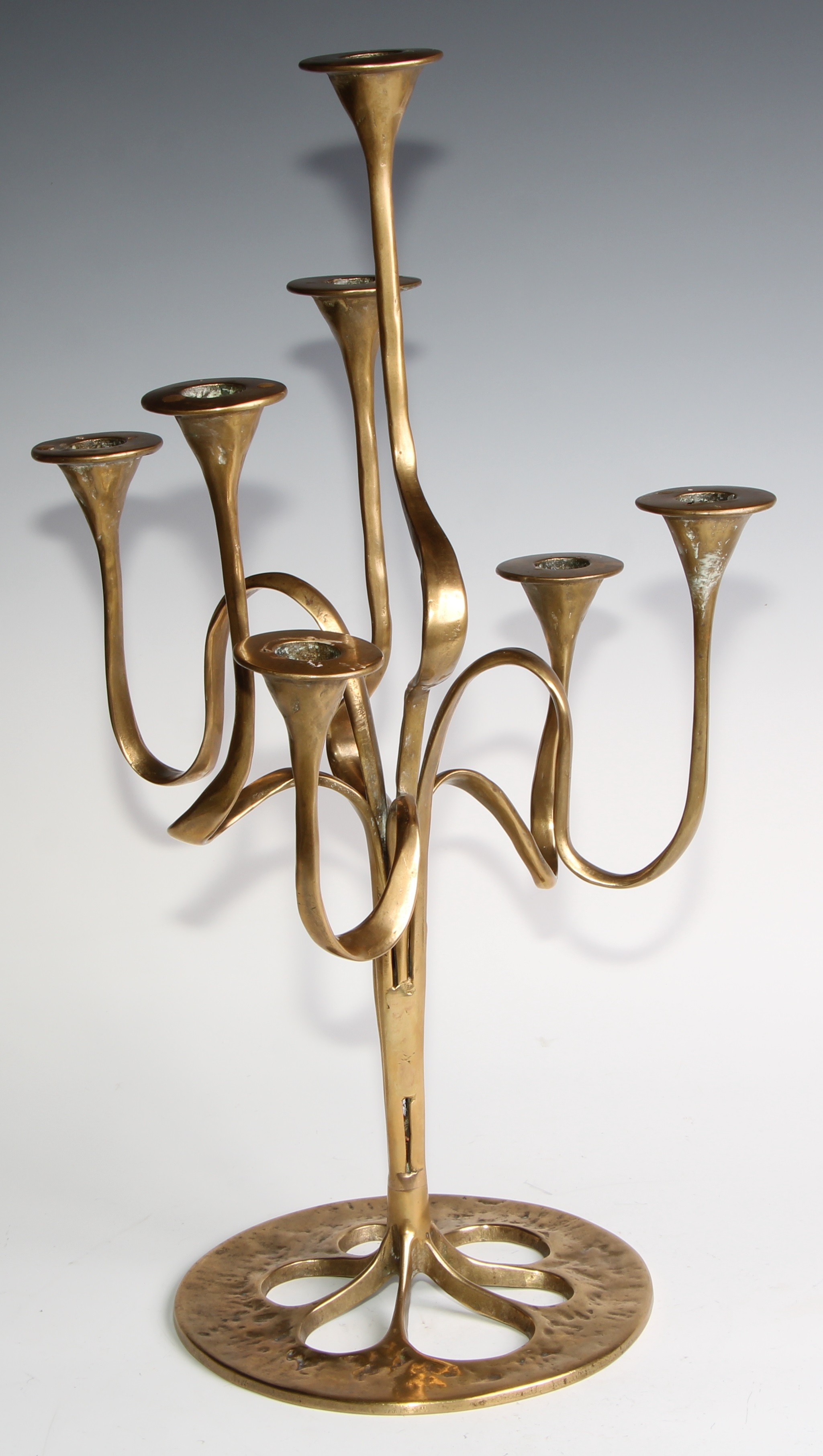 A Jugendstil or Art Nouveau style brass seven-light candelabrum, possibly Bäckhaus Solingen, sinuous - Image 3 of 4