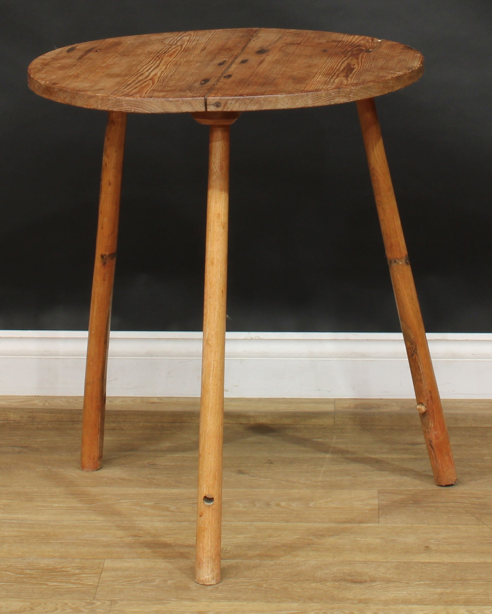 A 19th century pine and ash cricket table, circular top, 73cm high, 61cm diameter - Image 3 of 4