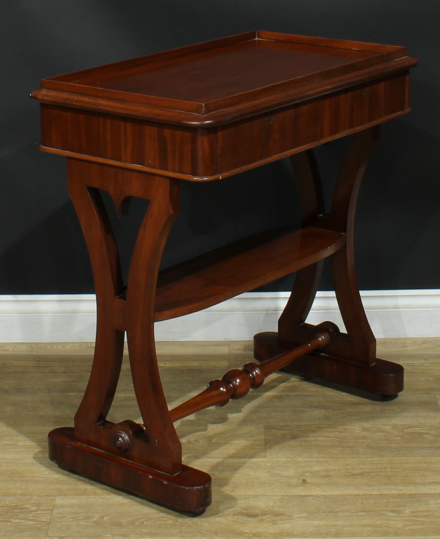 An early Victorian mahogany silver table, rounded rectangular galleried top above a pair of frieze - Image 3 of 6