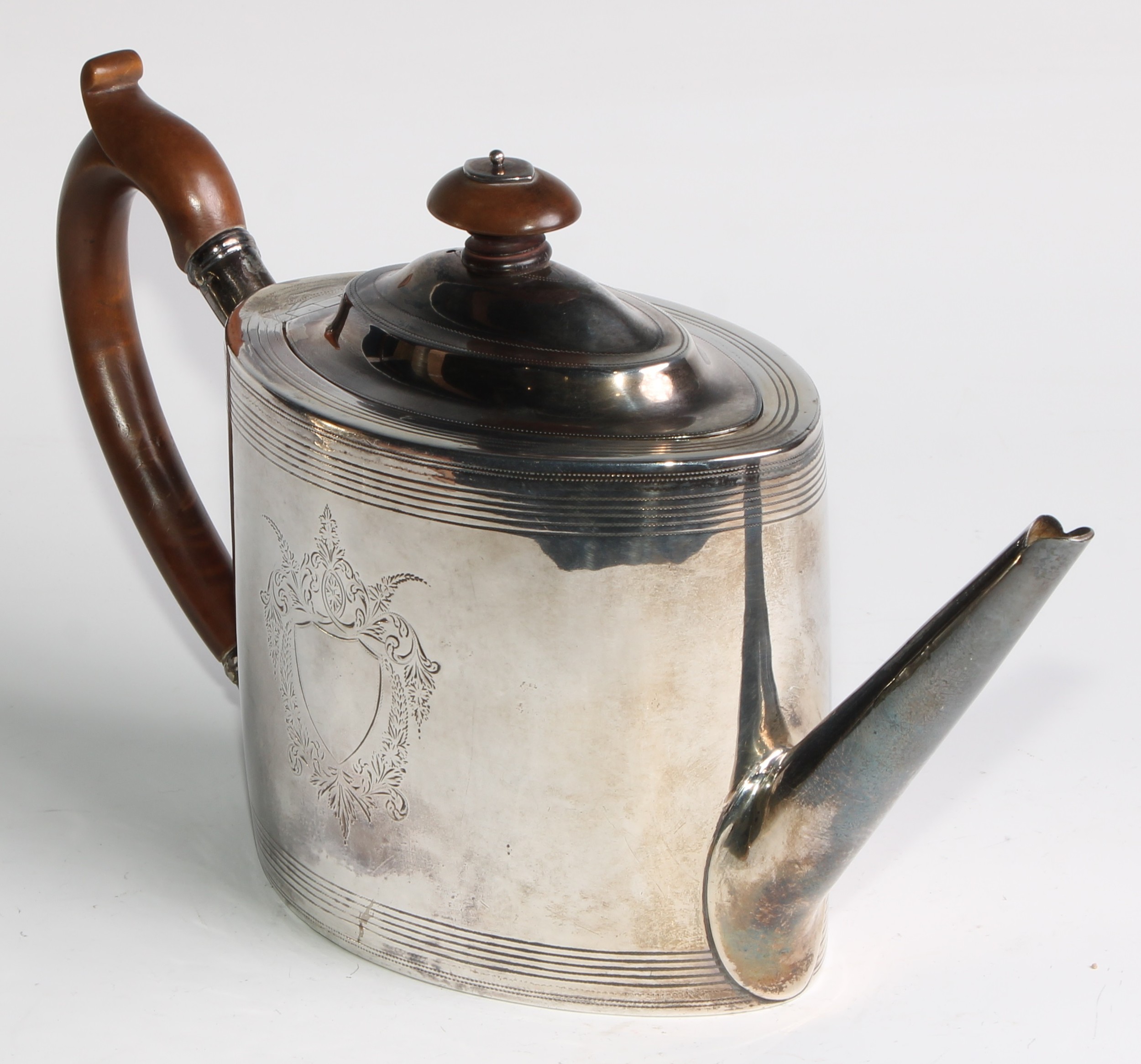 A George III silver oval drum shaped teapot, bright-cut and wrigglework engraved with bands and - Image 5 of 10