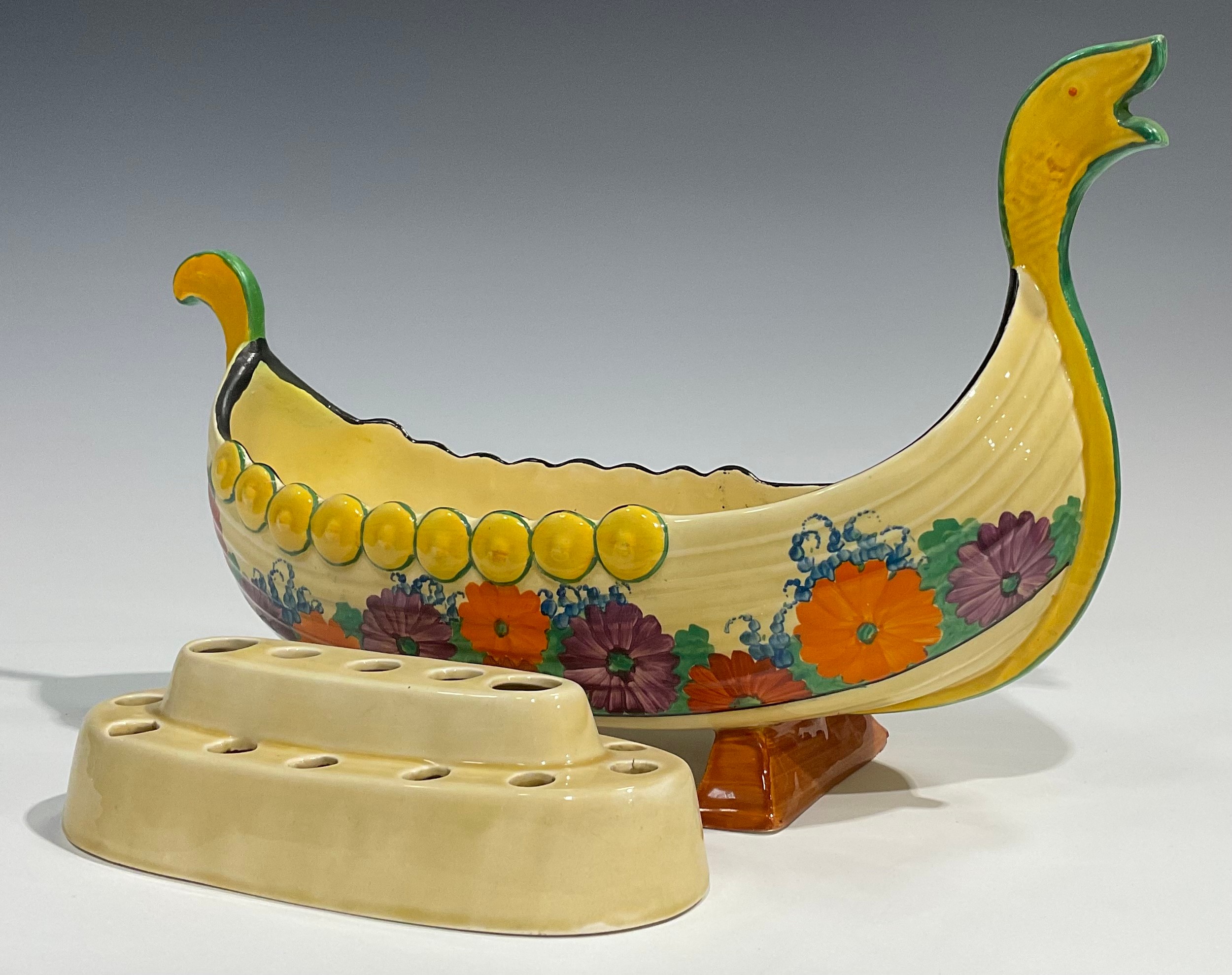 A Clarice Cliff Bizarre Gayday pattern table centre, modelled as a Viking long boat, with - Image 2 of 6