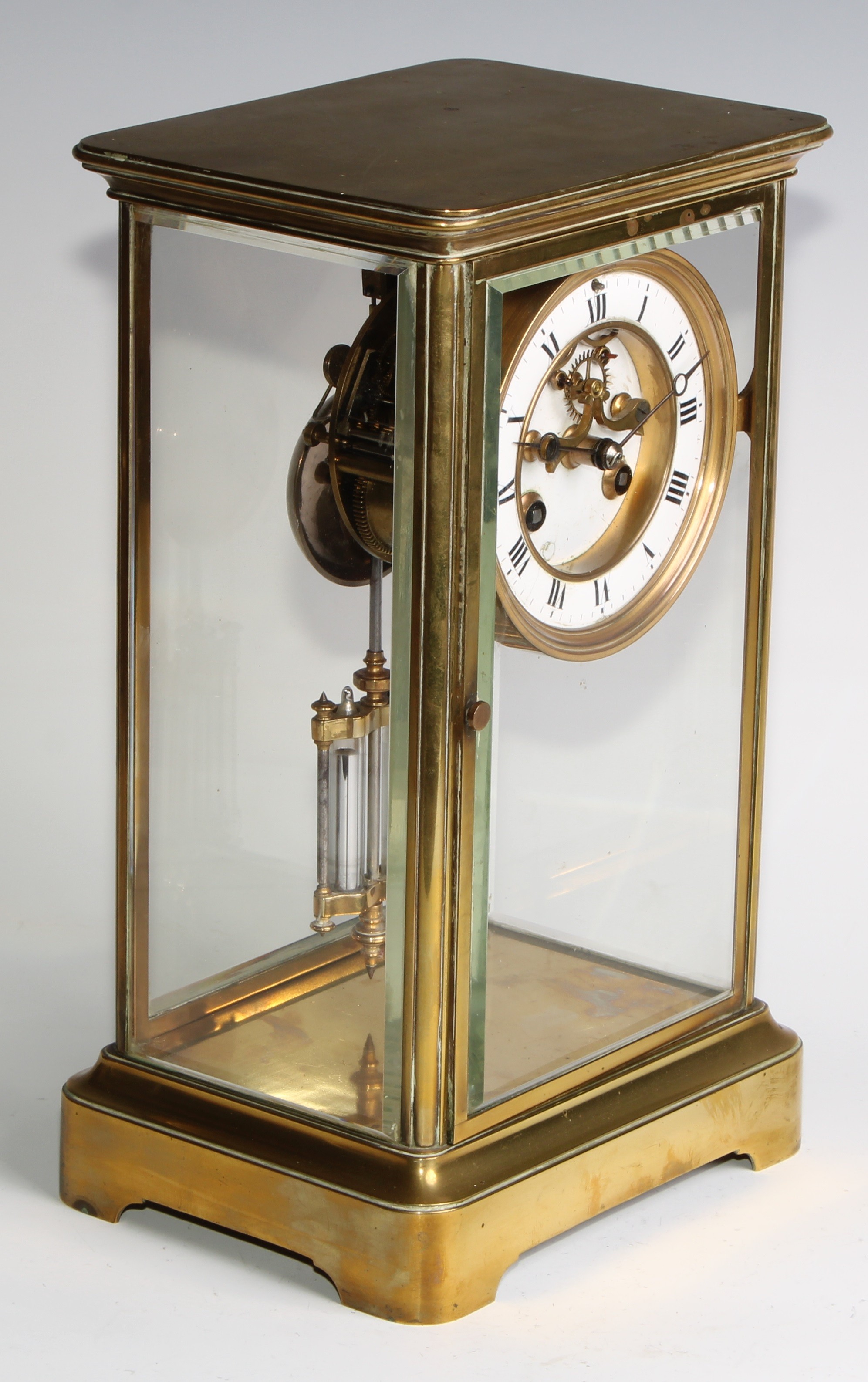 A late 19th century French lacquered brass four glass mantel clock, 9.5cm dial with Arabic chapter - Image 3 of 6