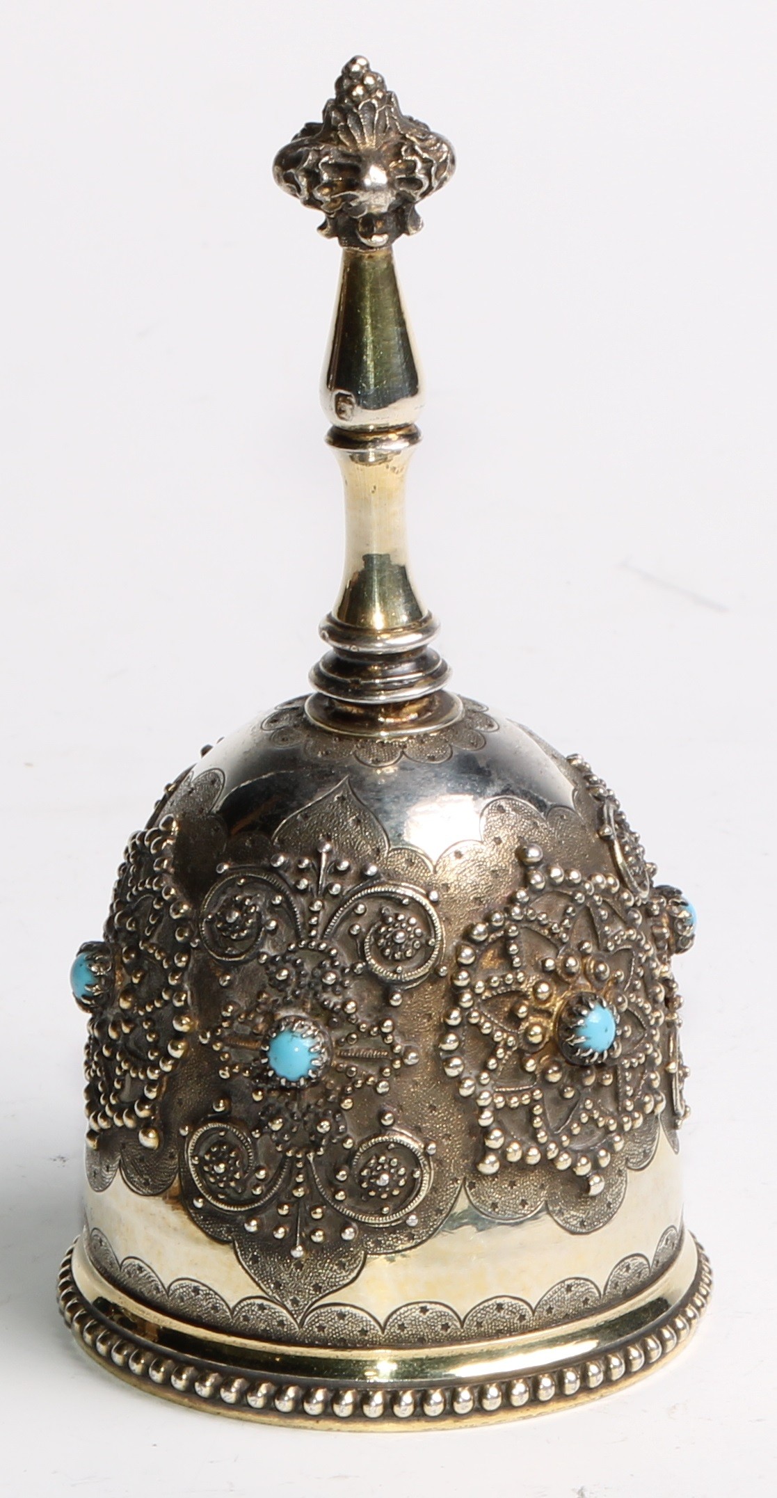 A 19th century French Renaissance Revival silver-gilt table bell, applied with medallions and set - Image 2 of 4